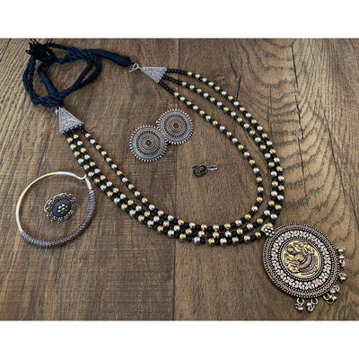 3 layer Dual tone combo set necklace set-Necklace-Oxidised Jewellery-Fashtreet India