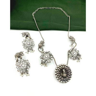 Antique Statement Silver Replica Elephant Necklace with earring-Oxidised Jewellery-Fashtreet India