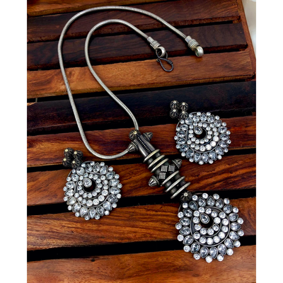 Antique Statement Silver Replica Necklace with earring-Oxidised Jewellery-Fashtreet India