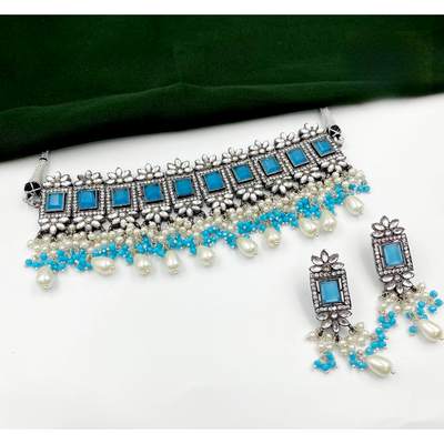 Beautiful German Silver Designer Choker Style Full Stone Kundan Necklace Set-Kundan Choker-Oxidised Jewellery-Fashtreet India