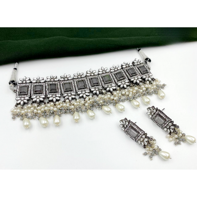 Beautiful German Silver Designer Choker Style Full Stone Kundan Necklace Set-Kundan Choker-Oxidised Jewellery-Fashtreet India