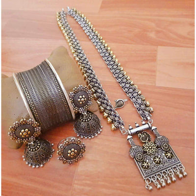 Beautiful dual tone long necklace-Necklace-Oxidised Jewellery-Fashtreet India