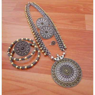 Beautiful dual tone long necklace-Necklace-Oxidised Jewellery-Fashtreet India