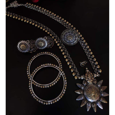 Beautiful dual tone long necklace-Necklace-Oxidised Jewellery-Fashtreet India