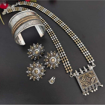 Beautiful dual tone long necklace-Necklace-Oxidised Jewellery-Fashtreet India