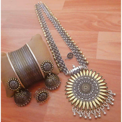 Beautiful dual tone long necklace-Necklace-Oxidised Jewellery-Fashtreet India