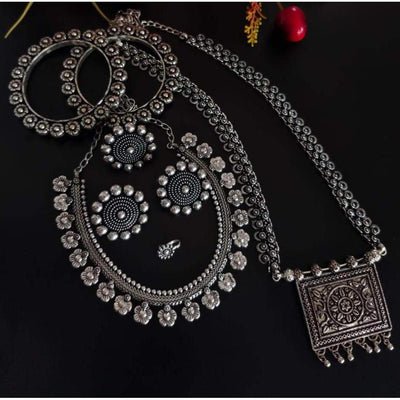 Beautiful long short dual necklace combo set-Necklace-Oxidised Jewellery-Fashtreet India