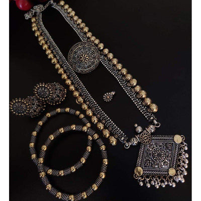 Dual-tone long brass necklace set-Jewellery-Oxidised Jewellery-Fashtreet India