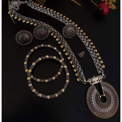 Dual-tone long brass necklace set-Jewellery-Oxidised Jewellery-Fashtreet India