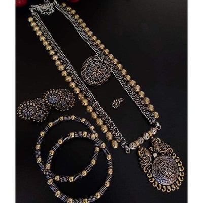 Dual-tone long brass necklace set-Jewellery-Oxidised Jewellery-Fashtreet India