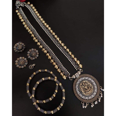 Dual-tone long brass necklace set-Jewellery-Oxidised Jewellery-Fashtreet India