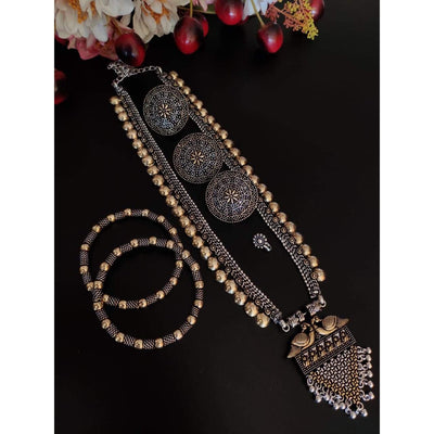 Dual-tone long brass necklace set-Jewellery-Oxidised Jewellery-Fashtreet India