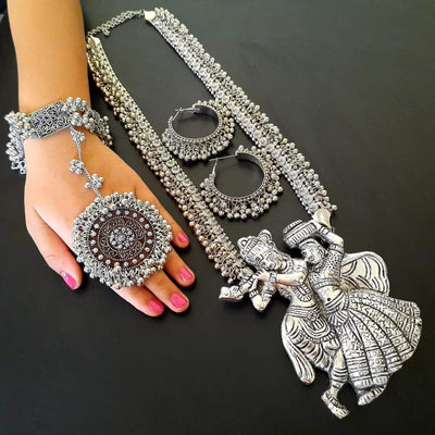 Exclusive Radha Krishna long necklace with hathful-Necklace-Oxidised Jewellery-Fashtreet India