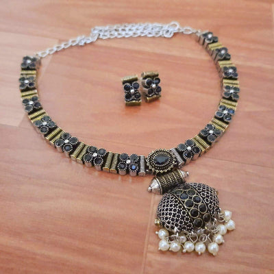 Exclusive dual stone necklace with matching studs-Necklace-Oxidised Jewellery-Fashtreet India