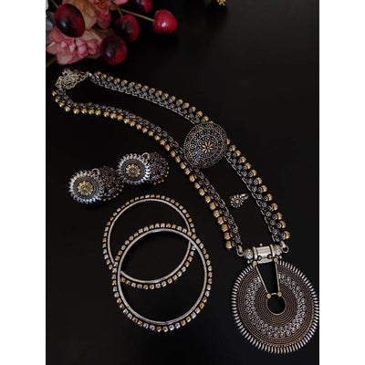 Beautiful dual tone long necklace-Necklace-Oxidised Jewellery-Fashtreet India