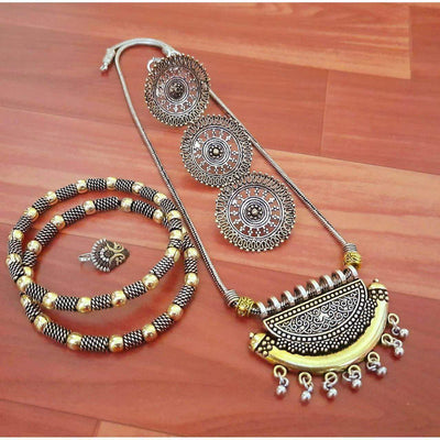 Beautiful dual tone long necklace-Necklace-Oxidised Jewellery-Fashtreet India