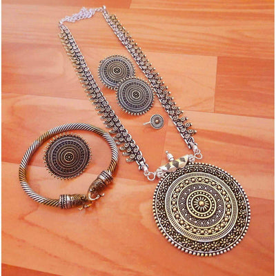 Beautiful dual tone long necklace-Necklace-Oxidised Jewellery-Fashtreet India