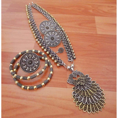 Beautiful dual tone long necklace-Necklace-Oxidised Jewellery-Fashtreet India