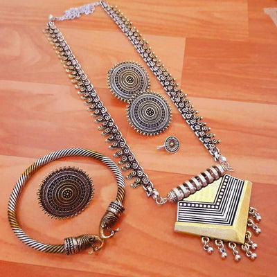 Beautiful dual tone long necklace-Necklace-Oxidised Jewellery-Fashtreet India