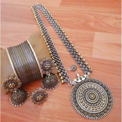 Beautiful dual tone long necklace-Necklace-Oxidised Jewellery-Fashtreet India