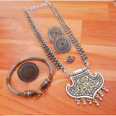 Beautiful dual tone long necklace-Necklace-Oxidised Jewellery-Fashtreet India