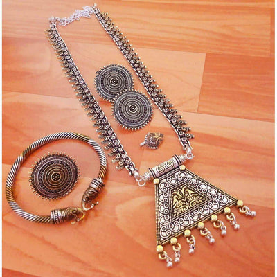 Beautiful dual tone long necklace-Necklace-Oxidised Jewellery-Fashtreet India