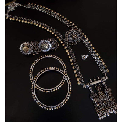 Beautiful dual tone long necklace-Necklace-Oxidised Jewellery-Fashtreet India