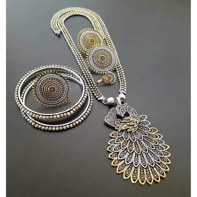 Beautiful dual tone long necklace-Necklace-Oxidised Jewellery-Fashtreet India