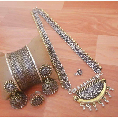 Beautiful dual tone long necklace-Necklace-Oxidised Jewellery-Fashtreet India