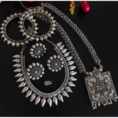 Beautiful long short dual necklace combo set-Necklace-Oxidised Jewellery-Fashtreet India