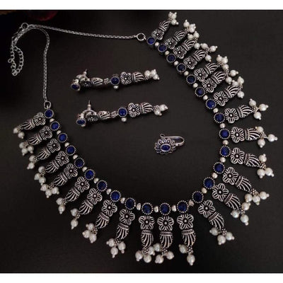 Beautiful stone necklace set with matching earring-Necklace-Oxidised Jewellery-Fashtreet India