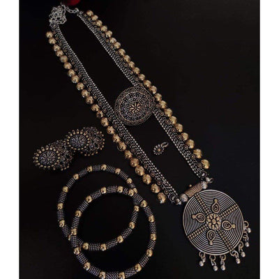 Dual-tone long brass necklace set-Jewellery-Oxidised Jewellery-Fashtreet India