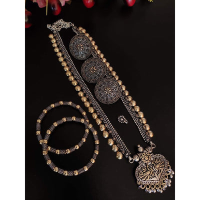 Dual-tone long brass necklace set-Jewellery-Oxidised Jewellery-Fashtreet India