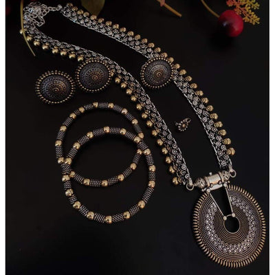 Dual-tone long brass necklace set-Jewellery-Oxidised Jewellery-Fashtreet India