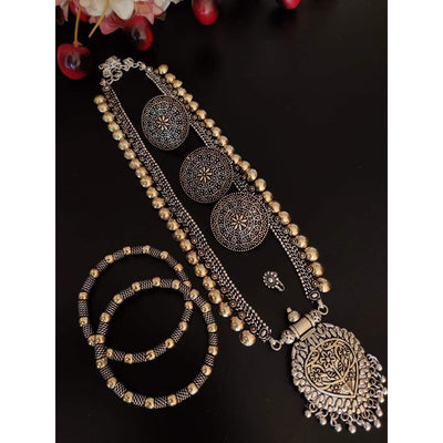 Dual-tone long brass necklace set-Jewellery-Oxidised Jewellery-Fashtreet India