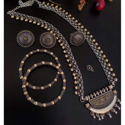 Dual-tone long brass necklace set-Jewellery-Oxidised Jewellery-Fashtreet India