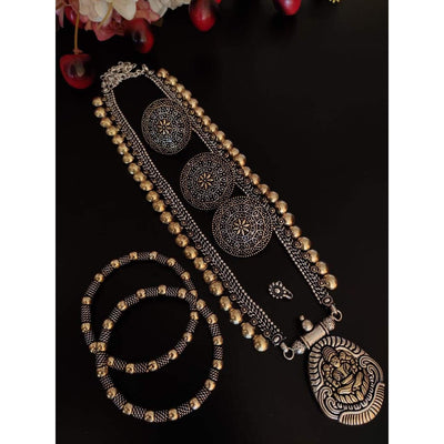 Dual-tone long brass necklace set-Jewellery-Oxidised Jewellery-Fashtreet India