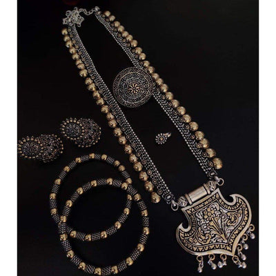 Dual-tone long brass necklace set-Jewellery-Oxidised Jewellery-Fashtreet India