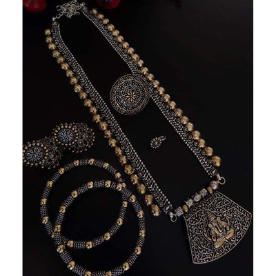 Dual-tone long brass necklace set-Jewellery-Oxidised Jewellery-Fashtreet India