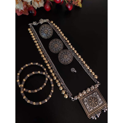 Dual-tone long brass necklace set-Jewellery-Oxidised Jewellery-Fashtreet India