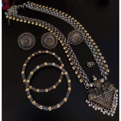 Dual-tone long brass necklace set-Jewellery-Oxidised Jewellery-Fashtreet India