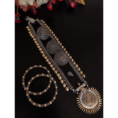 Dual-tone long brass necklace set-Jewellery-Oxidised Jewellery-Fashtreet India