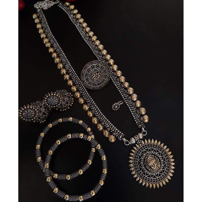 Dual-tone long brass necklace set-Jewellery-Oxidised Jewellery-Fashtreet India