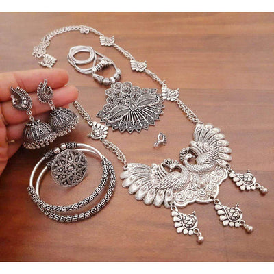 Exclusive long dual peacock necklace-Necklace-Oxidised Jewellery-Fashtreet India