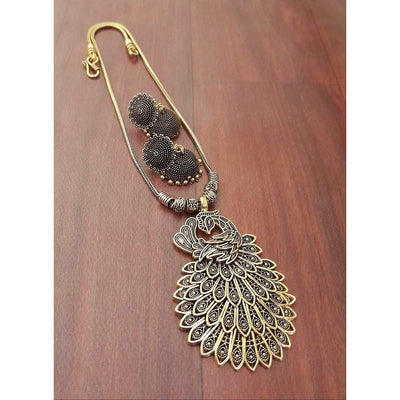 Golden Peacock Exclusive Long Necklace-Oxidised Jewellery-Fashtreet India