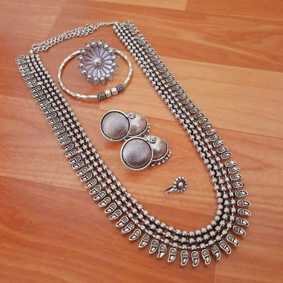 Long Harum with matching jumka, Kada, nose pin, ring-Necklace-Oxidised Jewellery-Fashtreet India