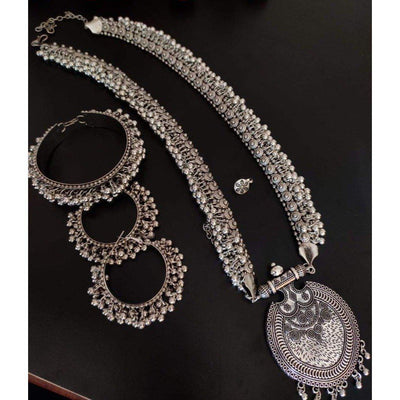 Long solid ghoongroo necklace combo set-Necklace-Oxidised Jewellery-Fashtreet India