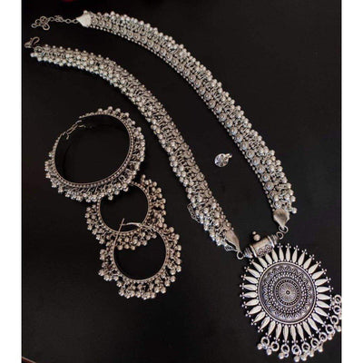 Long solid ghoongroo necklace combo set-Necklace-Oxidised Jewellery-Fashtreet India