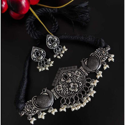 Premium quality thread collar peacock shape design choker set-Necklace-Oxidised Jewellery-Fashtreet India