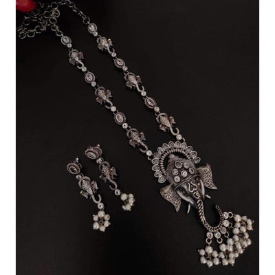 Silver look alike Ganpati stone necklace set-Necklace-Oxidised Jewellery-Fashtreet India